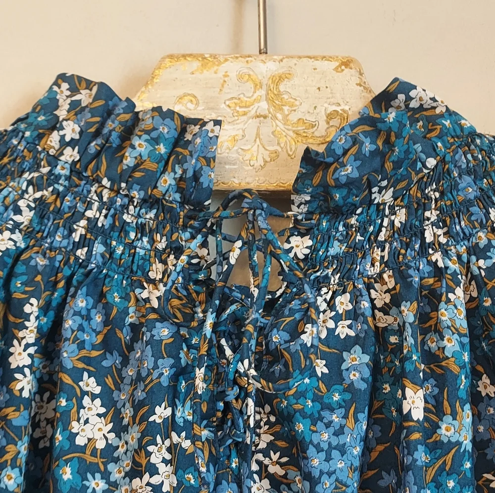 J. Crew Liberty Print Short Puff Sleeve Blue Floral Blouse Top Size XS